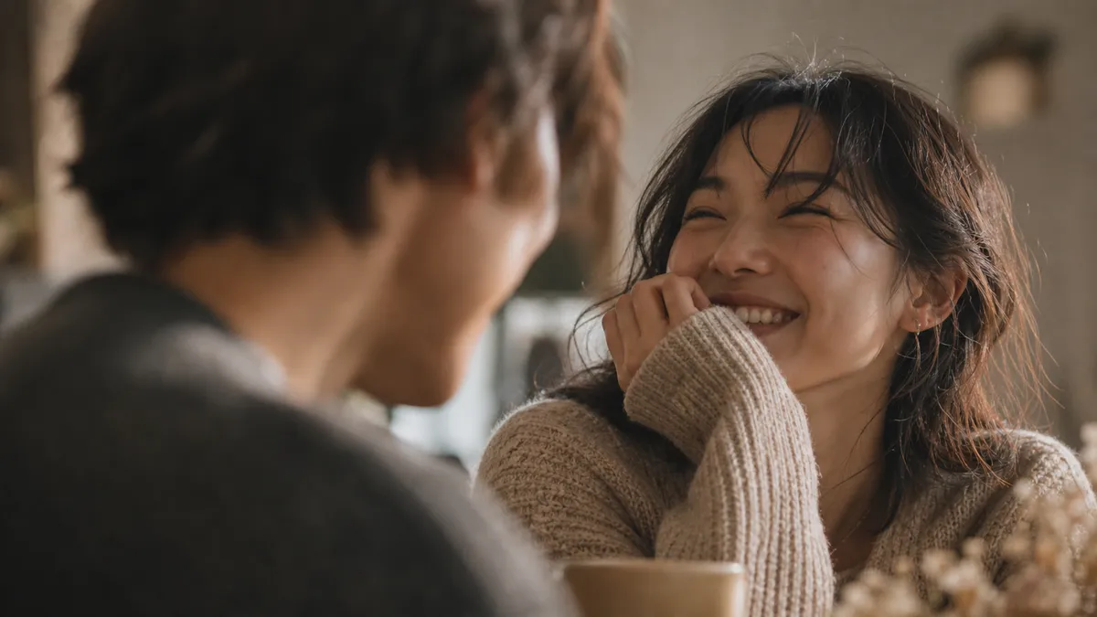 A woman laughs warmly, chin resting on her sweater sleeve, in soft light across a table from a friend.