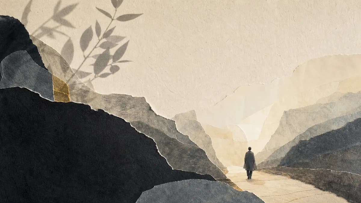 A lone figure in a long coat walks a pale stone path through a torn-paper canyon toward soft light, dark mountains rising on either side.