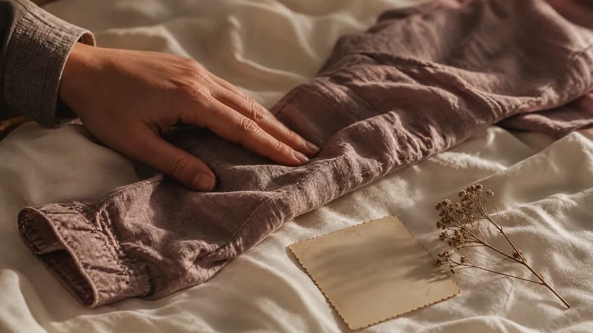 A pair of hands gently folds a piece of linen around a single dried flower.