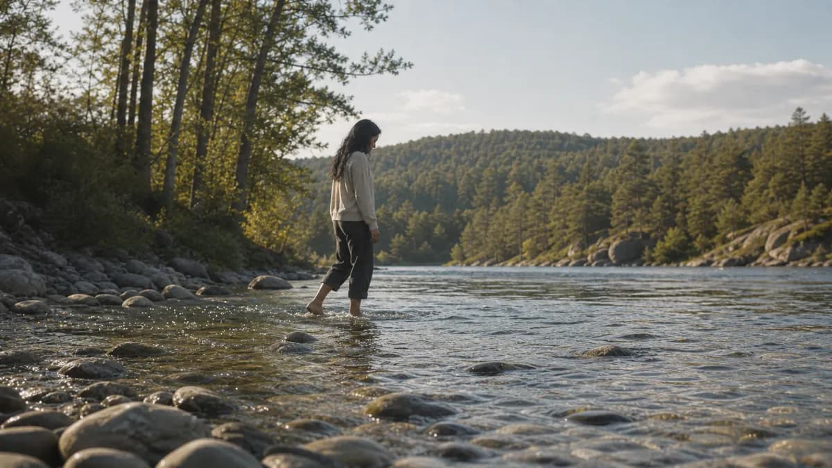 A woman wades barefoot into a clear sunlit river at the forest edge, ripples spreading around her steps.