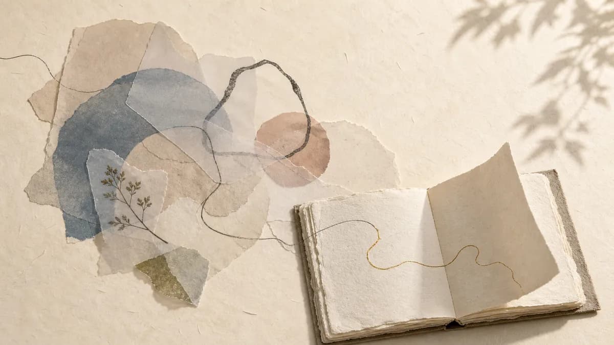 A torn-paper collage of soft blue and sand-toned shapes with a pressed fern sits beside an open handmade journal, a fine gold thread winding between them on a cream paper background.