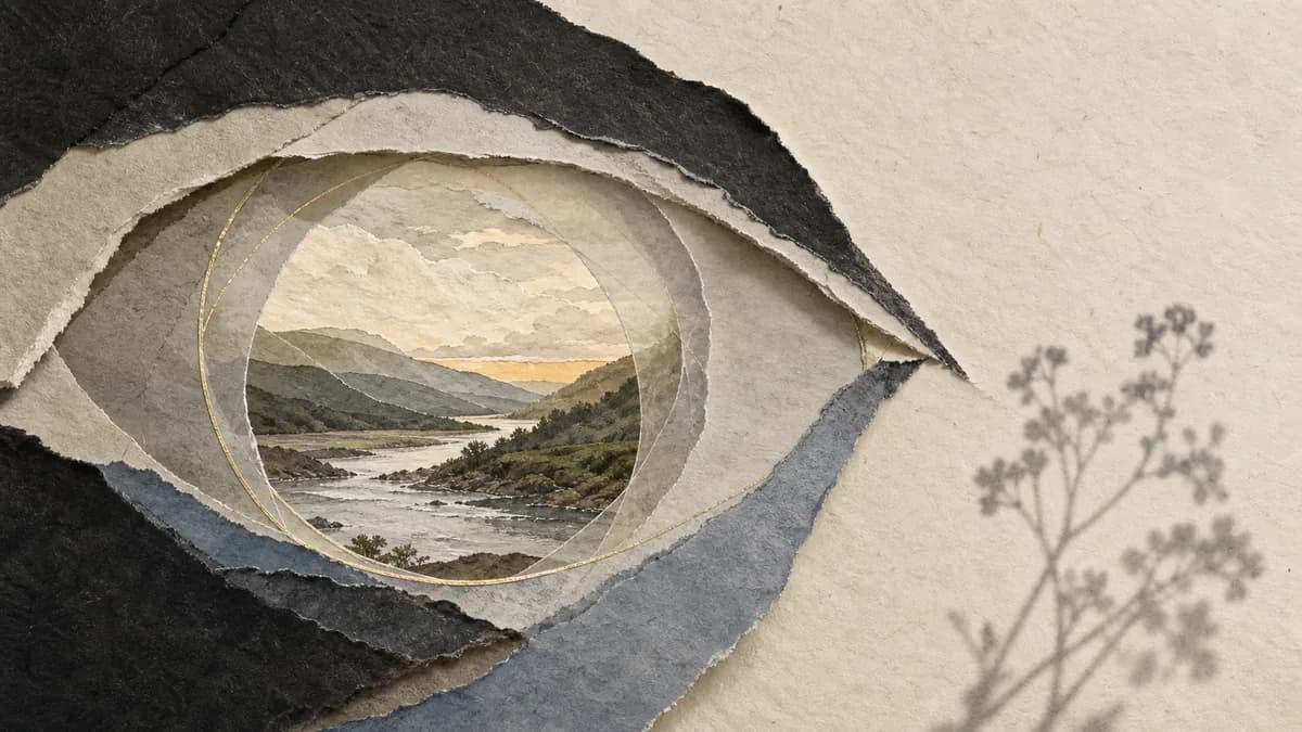 A quiet river valley at dusk appears inside an eye-shaped opening torn through layered slate and cream paper.