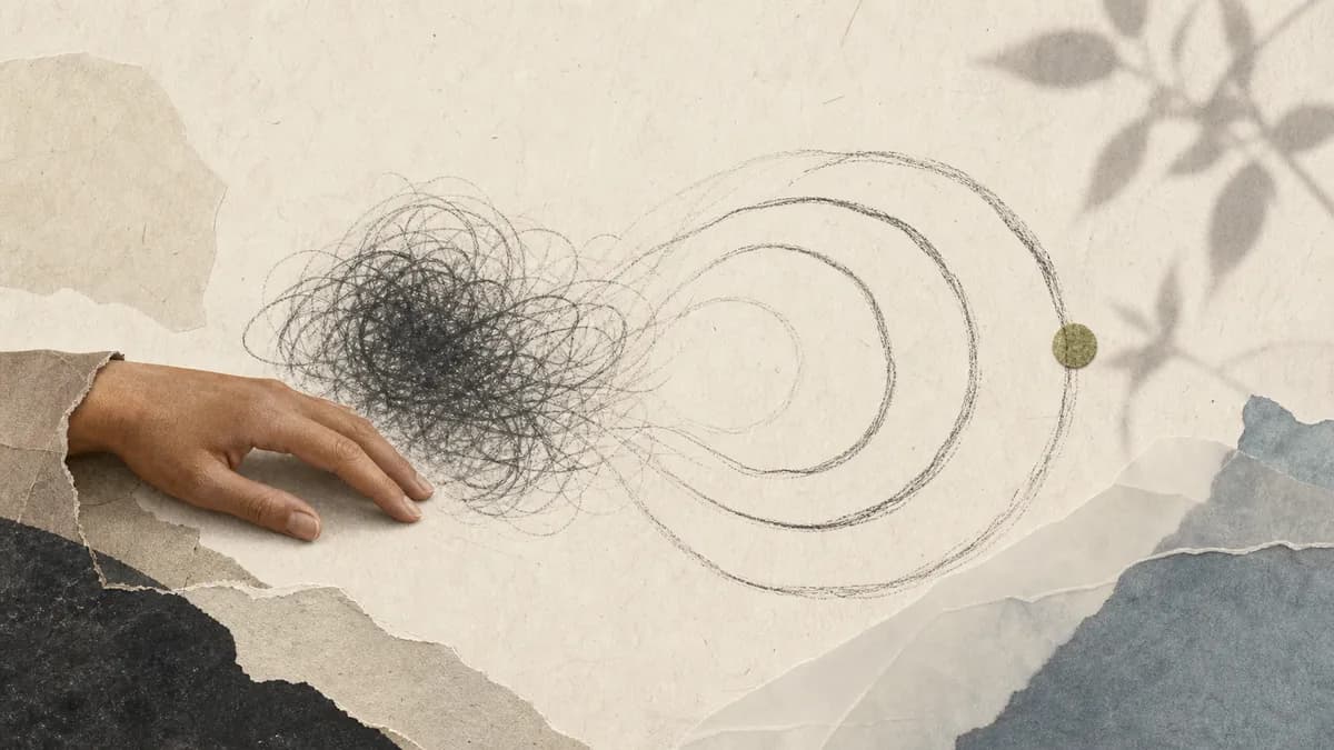 A hand rests on torn paper as a dark tangle of scribbled lines unwinds into calm concentric spirals toward a small gold dot.